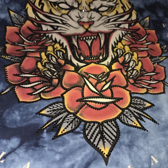Affliction Rhinestone Black & Gray Tie-Dye Tiger and Rose Graphic Tee - Picture 4 of 5